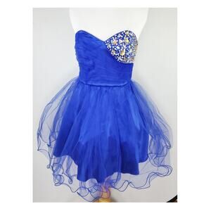 DEB Mini Dress Prom Cocktail Royal Blue Sweetheart Neck Beaded Fit Flare Sz 5/6